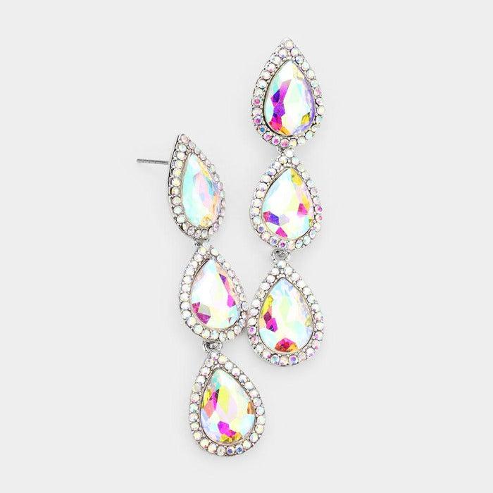 Abalone Crystal Triple Teardrop Silver Earrings