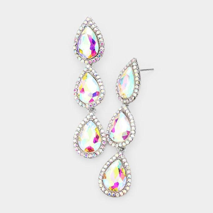 Abalone Crystal Triple Teardrop Silver Earrings