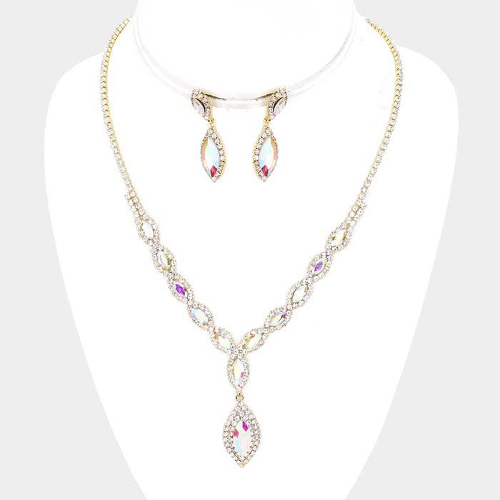 Abalone Marquise Crystal Rhinestone Drop Gold Necklace Set