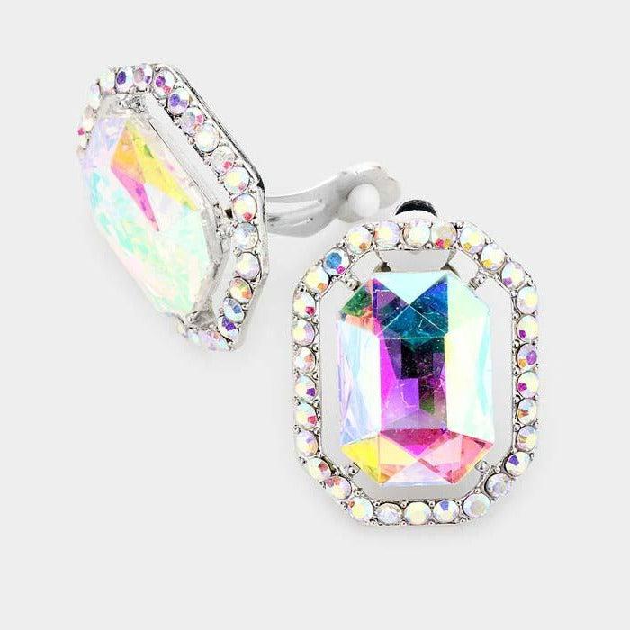 Abalone Octagon Stone Center Evening Silver Clip on Earrings