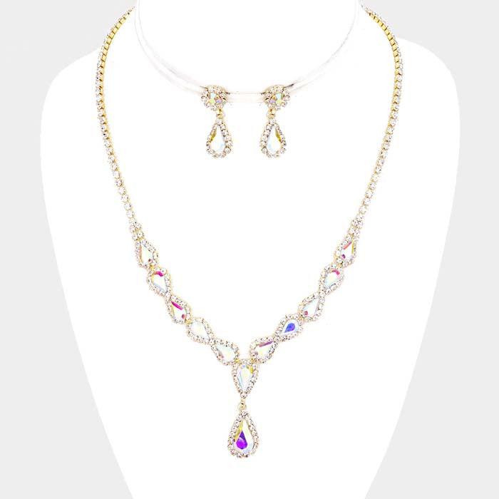 Abalone Pear Crystal Rhinestone Drop Necklace Set