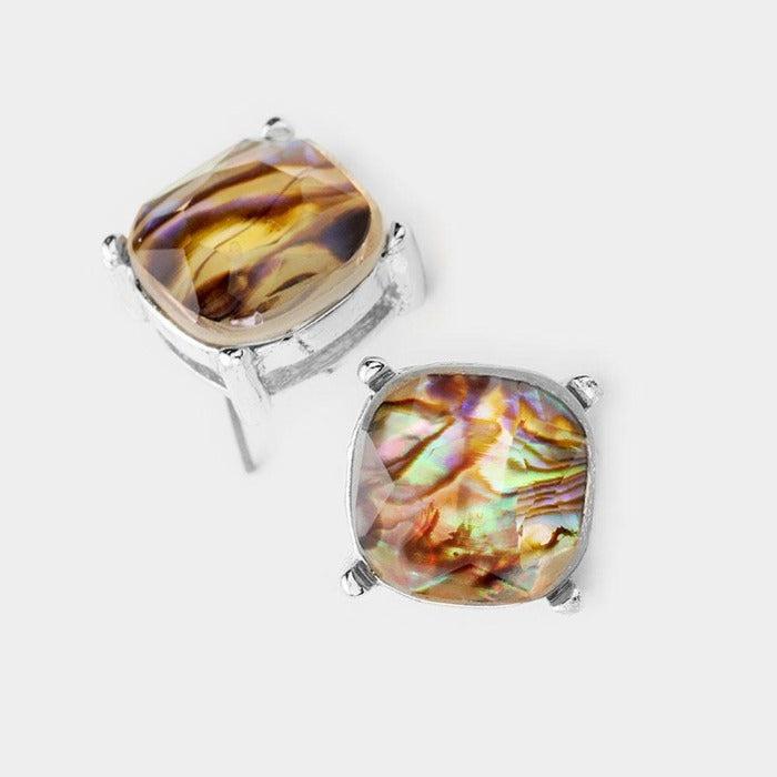 Abalone Square Stone Stud Earrings-Earring-SPARKLE ARMAND
