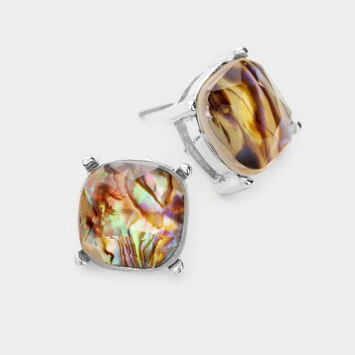 Abalone Square Stone Stud Earrings-Earring-SPARKLE ARMAND