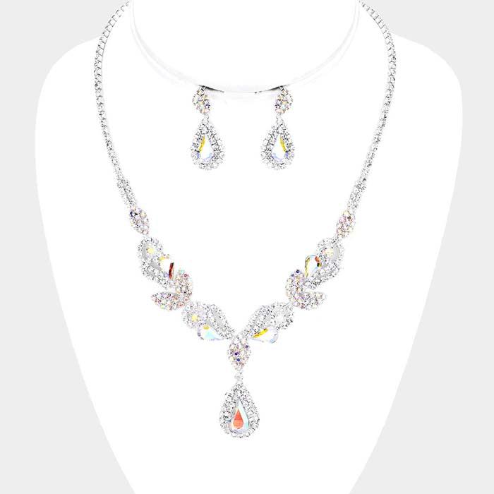 Abalone Teardrop Crystal Leaves Rhinestone Pave Necklace Set