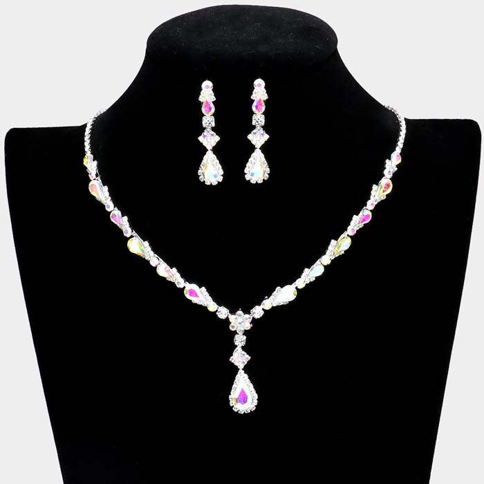 Abalone Teardrop Stone Detail Rhinestone Necklace Set