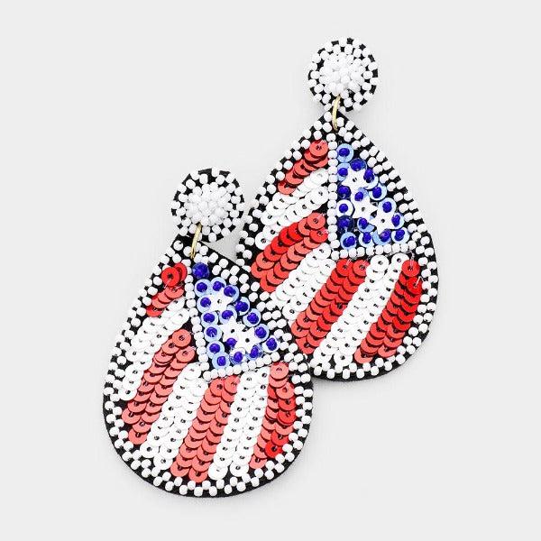 American USA Flag Seed Bead Teardrop Earrings-Earring-SPARKLE ARMAND
