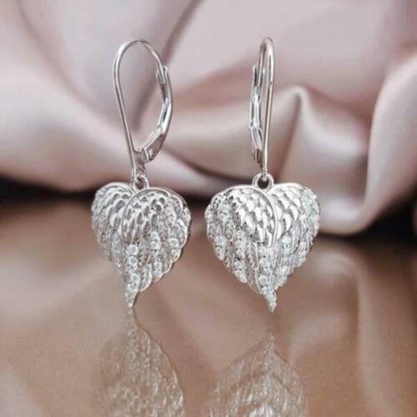 Angel Wings in Heart Shape Silver Lever back Earrings-Earring-SPARKLE ARMAND