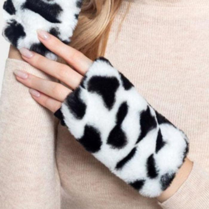 Animal Print Patterned Faux Fur Fingerless Gloves