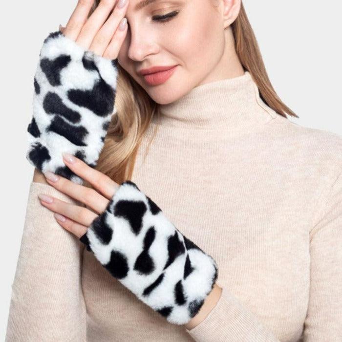 Animal Print Patterned Faux Fur Fingerless Gloves