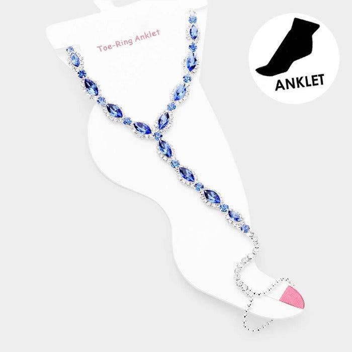 Anklet Blue Marquise Rhinestone Silver Net Toe Ring
