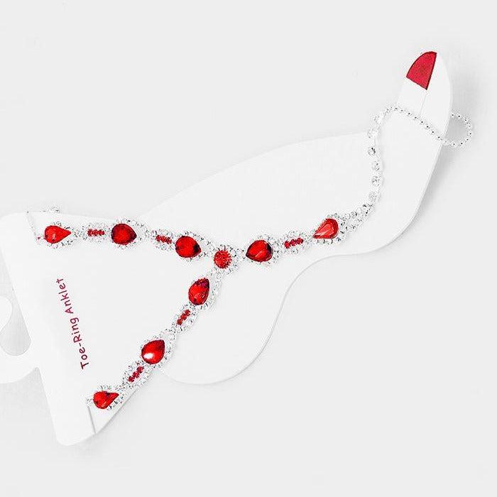 Anklet Crystal Rhinestone Pave Toe Ring - Red
