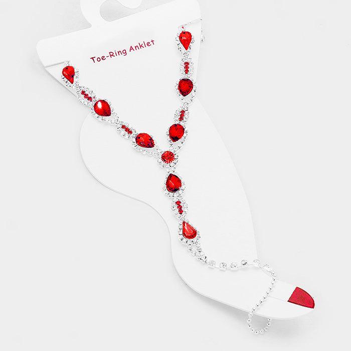 Anklet Crystal Rhinestone Pave Toe Ring - Red