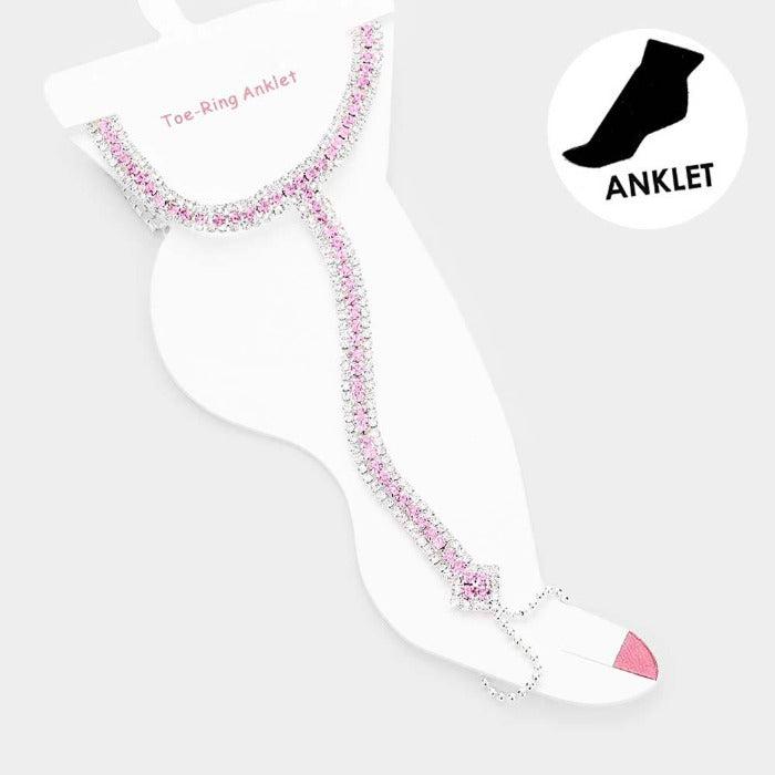 Anklet Pink Rhinestone Silver Net Toe Ring