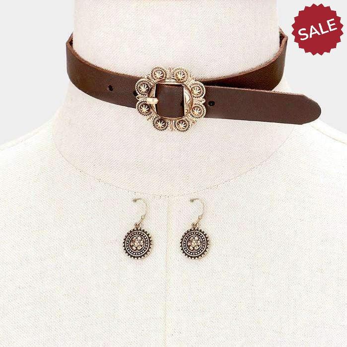 Antique Brown & Gold Buckle Choker & Earring Set-Necklace-SPARKLE ARMAND