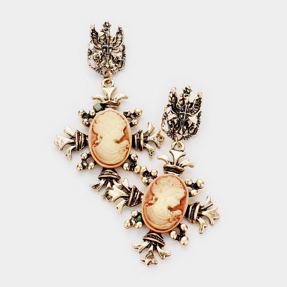 Antique Metal Cross Cameo Earrings-Earring-SPARKLE ARMAND