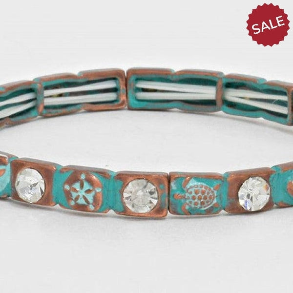 Antique Starfish & Turtle Crystal Stretch Bracelet