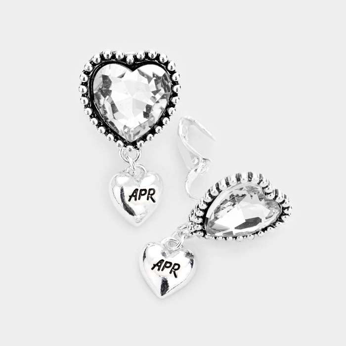 April _ Birthstone Heart Dangle Clip On Earrings