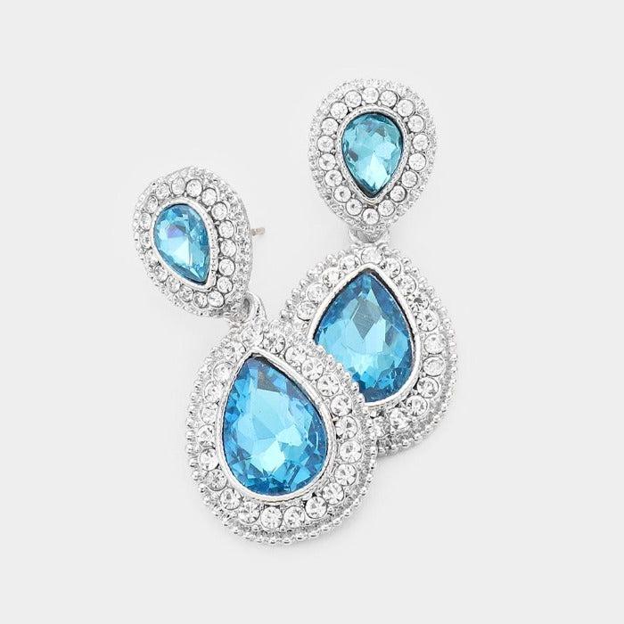 Aqua Blue Crystal Pave Silver Evening Earrings