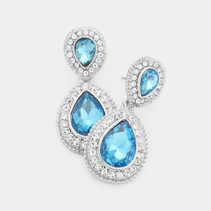 Aqua Blue Crystal Pave Silver Evening Earrings
