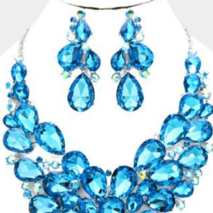 Crystal Teardrop Aqua Blue Cluster Vine Necklace Set