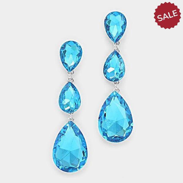 Aqua Blue Crystal Triple Teardrop Silver Evening Earrings