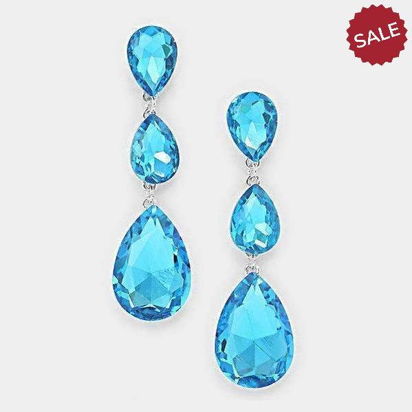 Aqua Blue Crystal Triple Teardrop Silver Evening Earrings