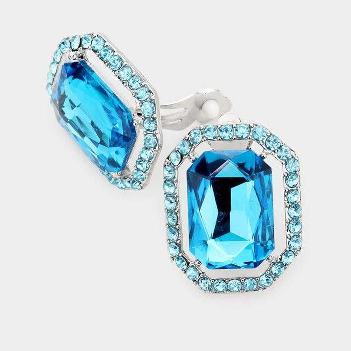 Aqua Blue Octagon Stone Center Evening Silver Clip on Earrings