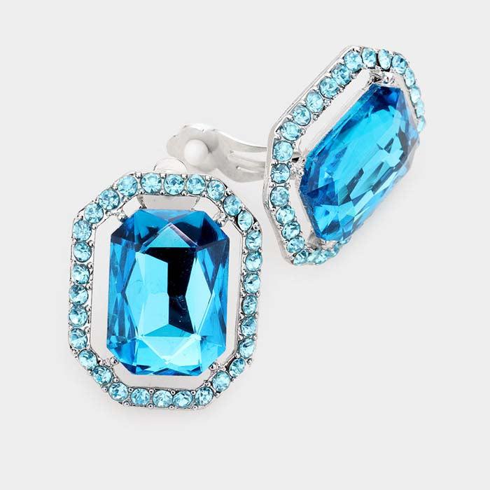 Aqua Blue Octagon Stone Center Evening Silver Clip on Earrings