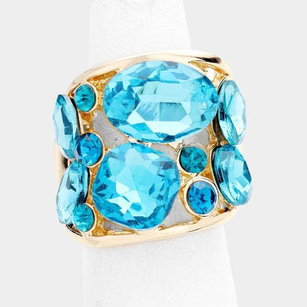 Aqua Blue Oval Crystal Stretch Ring-Ring-SPARKLE ARMAND
