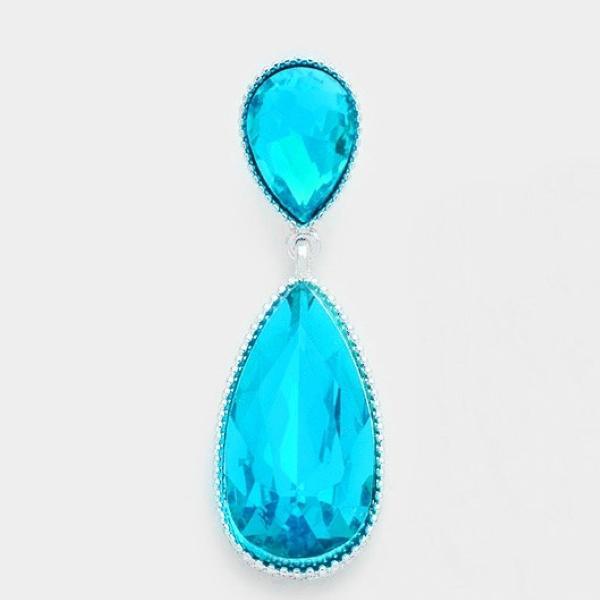 Aqua Blue Oval Drop Crystal Silver Dangle Earrings by M & C
