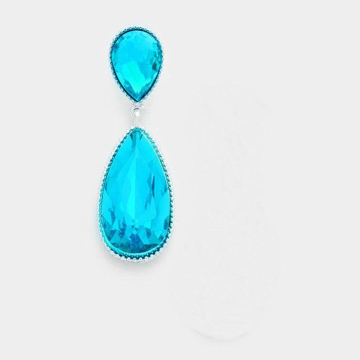 Aqua Blue Oval Drop Crystal Silver Dangle Earrings by M & C