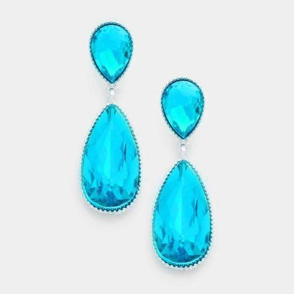 Aqua Blue Oval Drop Crystal Silver Dangle Earrings by M & C