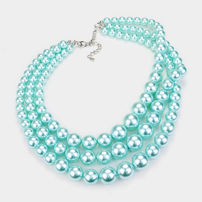 Aqua Blue Pearl (faux) Triple Strand Necklace & Earring Set by SP Sophia Collection