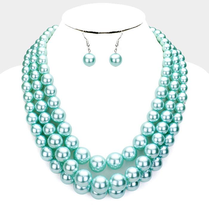 Aqua Blue Pearl (faux) Triple Strand Necklace & Earring Set by SP Sophia Collection