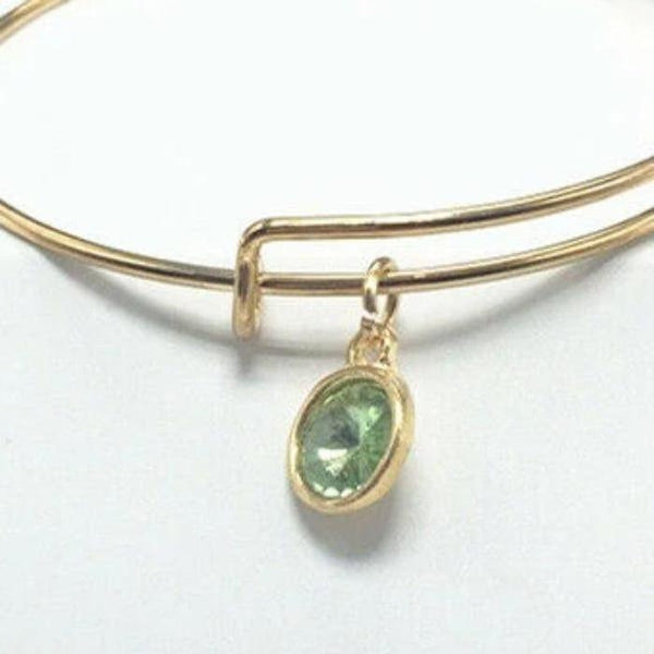 August Birthstone Gold Wire Bracelet with Light Green Charm