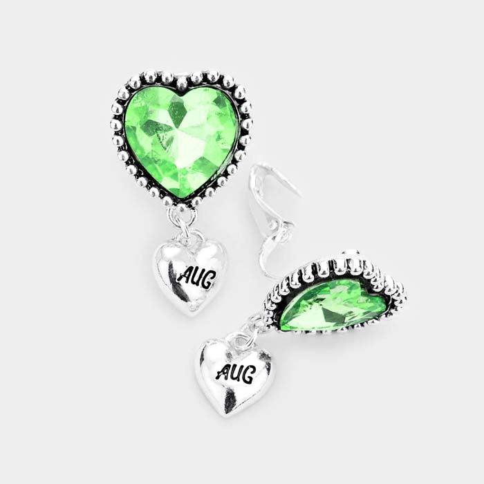 August _ Birthstone Heart Dangle Clip On Earrings