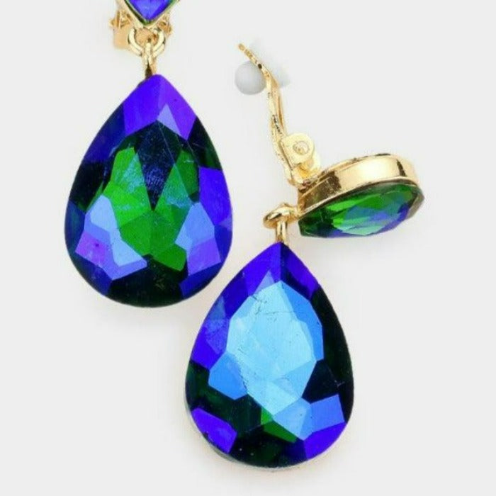 Aurora Borealis Green Crystal Teardrop Gold Clip-On Earrings by Miro Crystal Collection