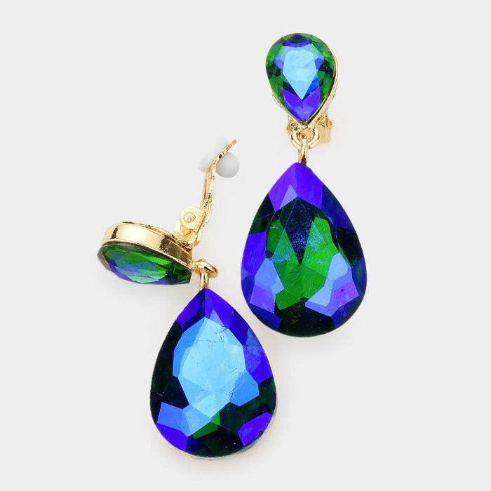 Aurora Borealis Green Crystal Teardrop Gold Clip-On Earrings by Miro Crystal Collection