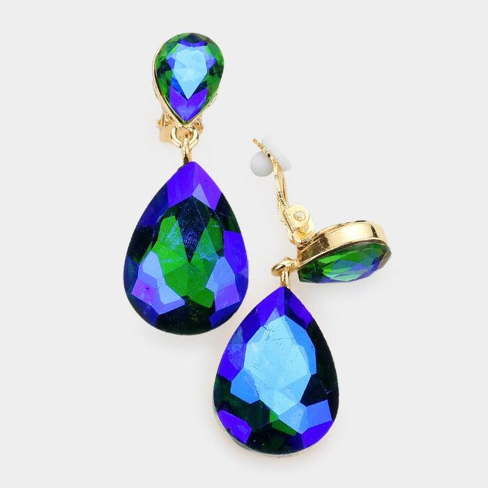 Aurora Borealis Green Crystal Teardrop Gold Clip-On Earrings by Miro Crystal Collection