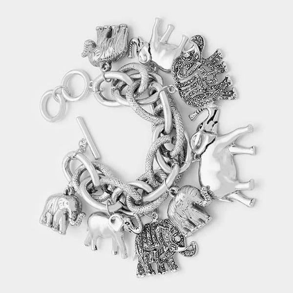 Aztec Elephant Silver Tone Charm Toggle Bracelet
