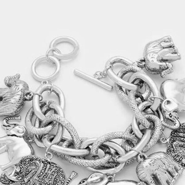 Aztec Elephant Silver Tone Charm Toggle Bracelet