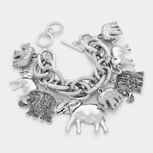 Aztec Elephant Silver Tone Charm Toggle Bracelet