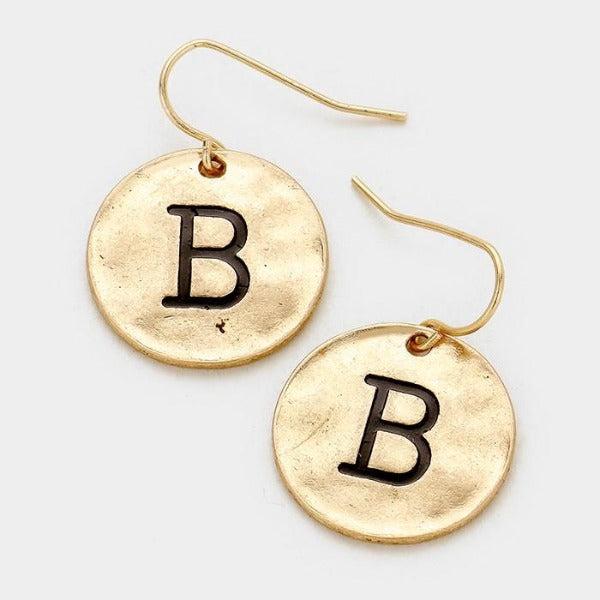 'B' Initial Monogram Letter Disc Gold Tone Earrings-Earring-SPARKLE ARMAND