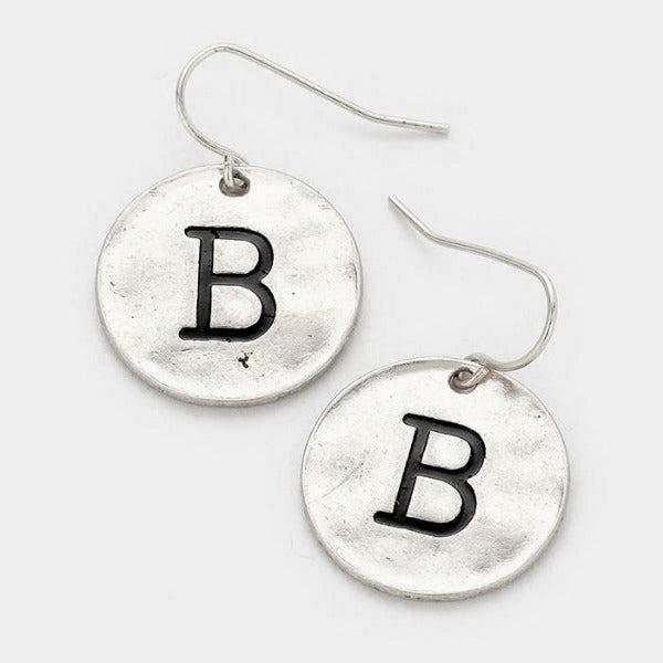 'B' Initial Monogram Letter Disc Silver Earrings-Earring-SPARKLE ARMAND