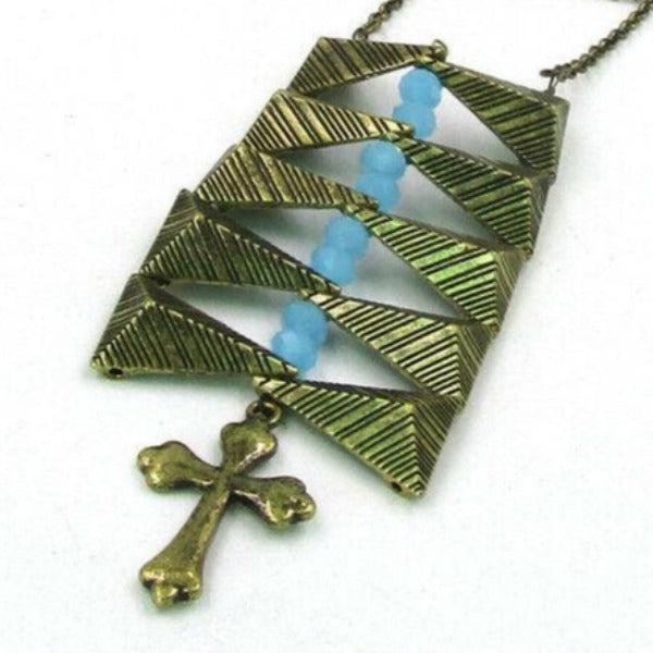 Banana Republic Cross Blue Bead Silver Tassel Necklace-SPARKLE ARMAND