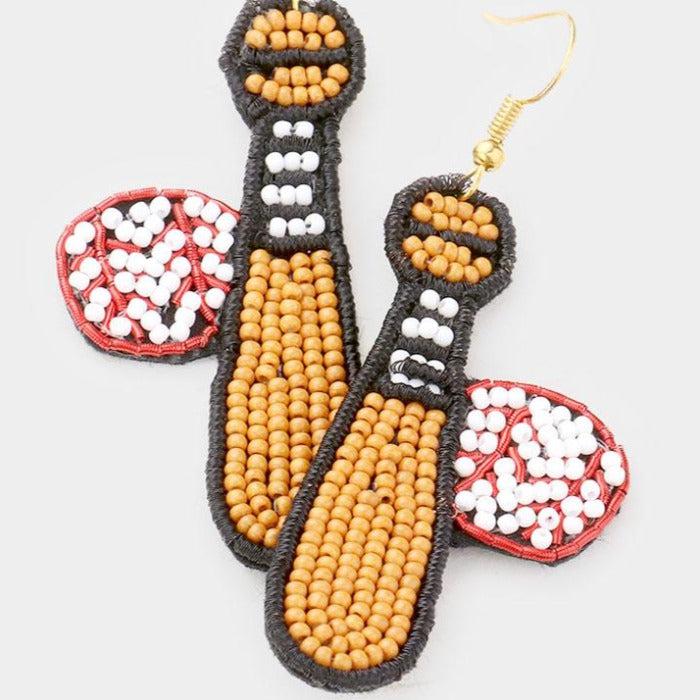 Baseball Bat Ball Seed Beaded Dangle Earrings-Earring-SPARKLE ARMAND