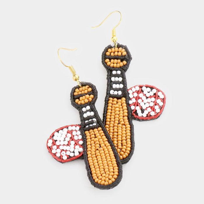 Baseball Bat Ball Seed Beaded Dangle Earrings-Earring-SPARKLE ARMAND