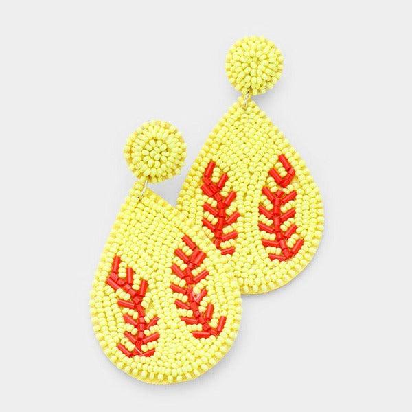 Baseball Yellow Seed Bead Felt Back Earrings-Earring-SPARKLE ARMAND