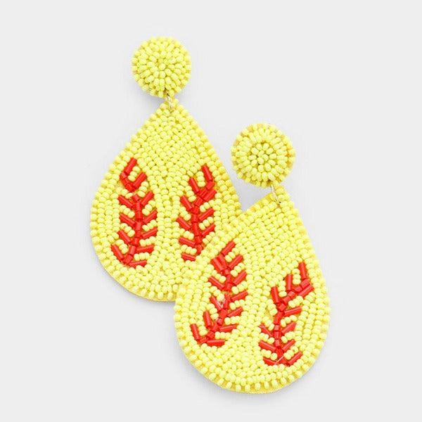 Baseball Yellow Seed Bead Felt Back Earrings-Earring-SPARKLE ARMAND
