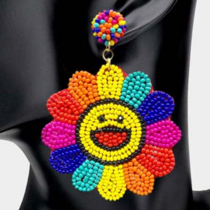 Beaded Smile Flower Dangle Earrings